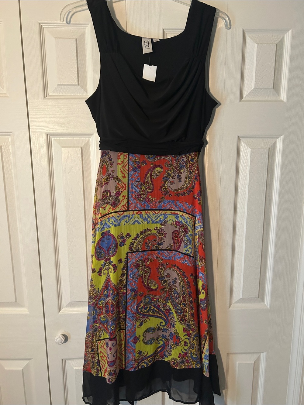 Marc Bouwer Size L Black Bodice Multicolor Paisley Dress Uneven Hem Belted